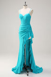 Blauwe Spaghetti Bandjes Zeemeermin Beaded Lange Korset Prom Dress met Ruffle Split