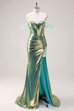 Groene Off the Shoulder Zeemeermin Metallic Lange Korset Prom Dress met Split