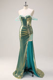 Groene Off the Shoulder Zeemeermin Metallic Lange Korset Prom Dress met Split