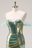 Groene Off the Shoulder Zeemeermin Metallic Lange Korset Prom Dress met Split