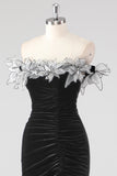 Zwarte zeemeermin strapless geplooide formele jurk met 3D bloemen