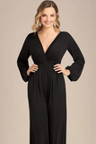 Zwarte V-hals Lange Mouwen Chiffon Moeder van de Bruid Jumpsuits