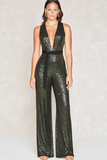 Sparkly Olive Diepe V-hals Pailletten Moeder van de Bruid Jumpsuits met Riem