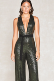 Sparkly Olive Diepe V-hals Pailletten Moeder van de Bruid Jumpsuits met Riem