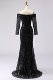 Zwarte Off-the-shoulder mesh- en kanten formele jurk met lange mouwen