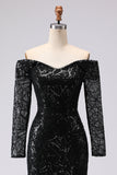 Zwarte Off-the-shoulder mesh- en kanten formele jurk met lange mouwen