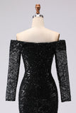 Zwarte Off-the-shoulder mesh- en kanten formele jurk met lange mouwen
