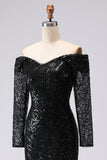Zwarte Off-the-shoulder mesh- en kanten formele jurk met lange mouwen