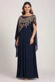 Sprankelende Navy Chiffon moeder van bruid jurk met cape