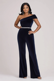 Sprankelende marineblauwe bodycon fluwelen galajumpsuit met kralen met één schouder