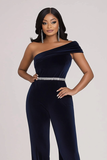 Sprankelende marineblauwe bodycon fluwelen galajumpsuit met kralen met één schouder