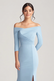 Hemelsblauwe zeemeermin Off the Shoulder Lange Mouwen Ruched Moeder van de Bruid Jurk met Split