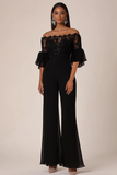 Zwarte off the shoulder chiffon lange jumpsuits met halve mouwen