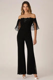 Zwarte Off the Shoulder Chiffon Formele Jumpsuits met Appliques