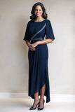 Navy chiffon schede bell mouw moeder van de bruid jurk