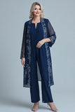 Jumpsuit Navy Appliques Chiffon Lange Mouwen Vierkante Hals Moeder van de Bruid Sets