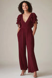 Bourgondische chiffon moeder jumpsuit met ruches