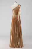 Gouden One Shoulder A-lijn Metallic Formele Jurk