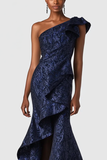 Navy One Shoulder gegolfde zeemeermin formele jurk