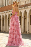 Bloemen A-lijn strapless gelaagde ruche, lange blush galajurk met split