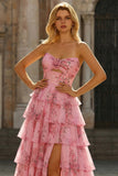 Bloemen A-lijn strapless gelaagde ruche, lange blush galajurk met split