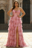 Blush Floral Printed Princess Sweetheart Gelaagde Lange Galajurk