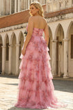 Blush Floral Printed Princess Sweetheart Gelaagde Lange Galajurk