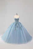 Prinses Grijs Blauwe Strapless Tule Quinceanera Jurk met Appliques