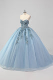 Prinses Grijs Blauwe Strapless Tule Quinceanera Jurk met Appliques