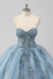 Prinses Grijs Blauwe Strapless Tule Quinceanera Jurk met Appliques