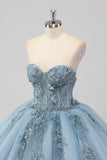 Prinses Grijs Blauwe Strapless Tule Quinceanera Jurk met Appliques