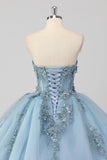 Prinses Grijs Blauwe Strapless Tule Quinceanera Jurk met Appliques