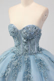 Prinses Grijs Blauwe Strapless Tule Quinceanera Jurk met Appliques