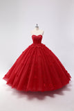 Sprankelende rode baljurk strapless tule quinceanera jurk met bloem appliques