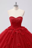 Sprankelende rode baljurk strapless tule quinceanera jurk met bloem appliques