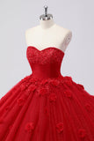 Sprankelende rode baljurk strapless tule quinceanera jurk met bloem appliques