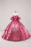 Prinses Fuchsia baljurk Off the Shoulder Puff Sleeves Quinceanera jurk met 3D bloemen