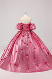 Prinses Fuchsia baljurk Off the Shoulder Puff Sleeves Quinceanera jurk met 3D bloemen