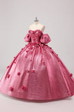 Prinses Fuchsia baljurk Off the Shoulder Puff Sleeves Quinceanera jurk met 3D bloemen