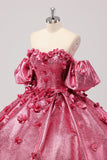 Prinses Fuchsia baljurk Off the Shoulder Puff Sleeves Quinceanera jurk met 3D bloemen