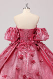 Prinses Fuchsia baljurk Off the Shoulder Puff Sleeves Quinceanera jurk met 3D bloemen