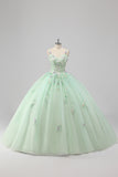 Prinses Groene Baljurk Spaghetti Bandjes Tule Quinceanera Jurk met 3D Bloem Appliques