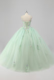 Prinses Groene Baljurk Spaghetti Bandjes Tule Quinceanera Jurk met 3D Bloem Appliques