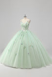 Prinses Groene Baljurk Spaghetti Bandjes Tule Quinceanera Jurk met 3D Bloem Appliques