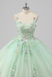 Prinses Groene Baljurk Spaghetti Bandjes Tule Quinceanera Jurk met 3D Bloem Appliques