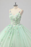 Prinses Groene Baljurk Spaghetti Bandjes Tule Quinceanera Jurk met 3D Bloem Appliques