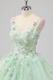 Prinses Groene Baljurk Spaghetti Bandjes Tule Quinceanera Jurk met 3D Bloem Appliques