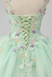 Prinses Groene Baljurk Spaghetti Bandjes Tule Quinceanera Jurk met 3D Bloem Appliques