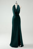 Halter hals Pine Green zeemeermin lange bruidsmeisje jurk met split