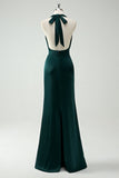 Halter hals Pine Green zeemeermin lange bruidsmeisje jurk met split